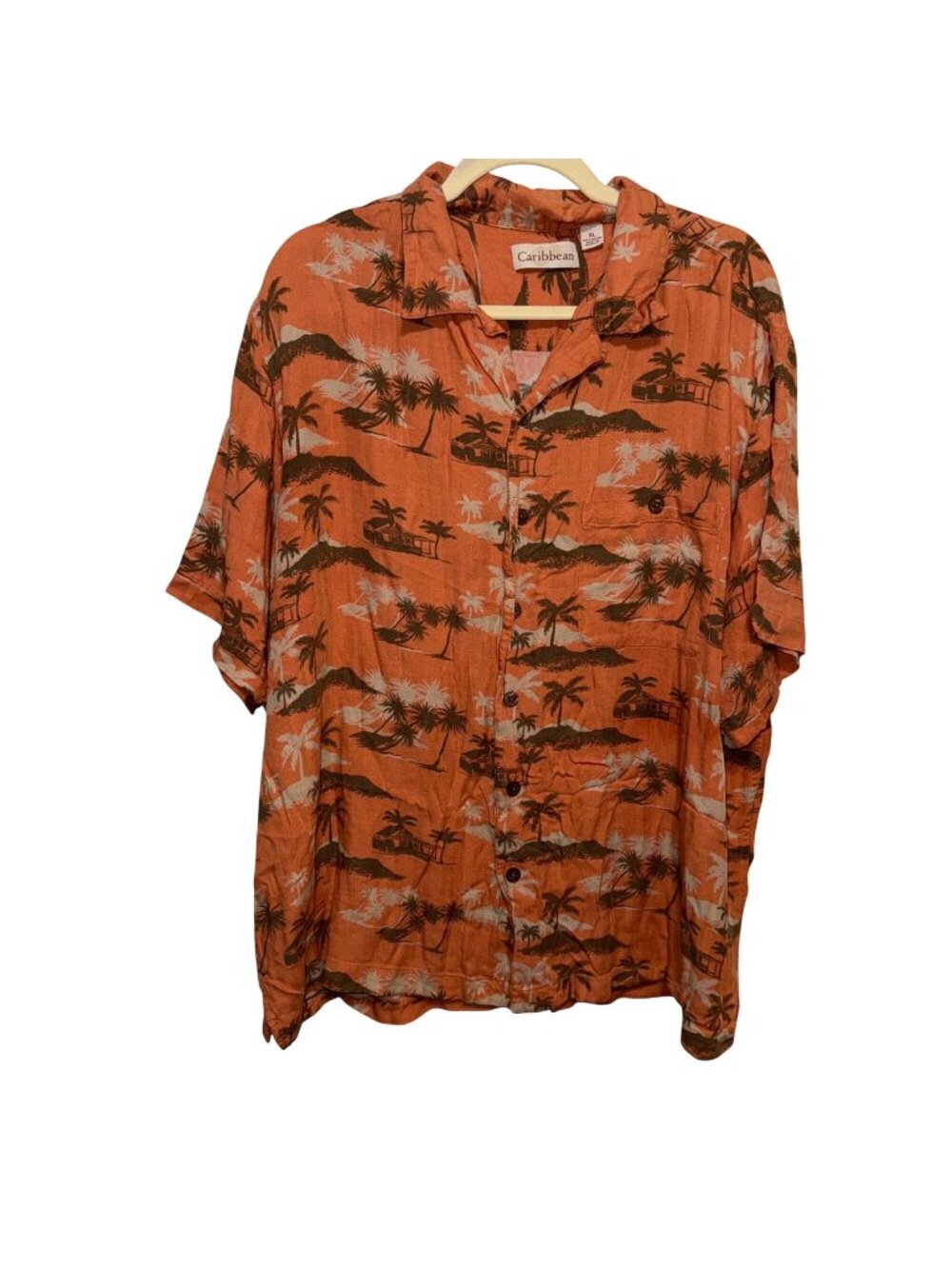 Caribbean Orange Hawaiian Shirt XL Button-Up Short Sleeve Palm Tree Print
